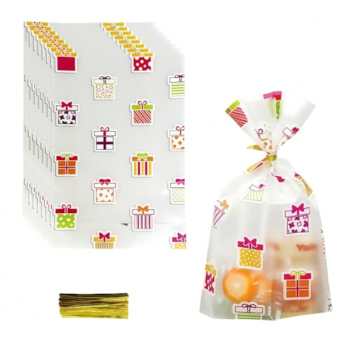 WACCOMT Pack Transparente Geschenktaschen mit Twist 50 Stück 16x24+6cm | Krawatten Standbeutel, aus Kunststoff Verpackung Bonbontüten, für Hochzeiten Geburtstagsfeiern Gastgeschenke