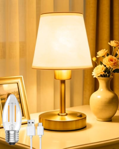 BrightArk Rechargeable Table Lamp Cordless, 3600mAh Battery Operated Lamp Stepless Dimmable with 2700K Edison Bulb, Small Gold Vintage Table Lamps for Living Room, Bedroom, Dining, Patio