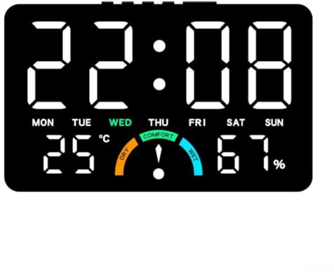 HpLive LED Elektronische Uhr mit Großem Bildschirm, Anzeige von Zeit, Datum, Temperatur, Luftfeuchtigkeit und Komfortlevel, Wand- oder Tischaufstellung, Weckerfunktion(Weiß)