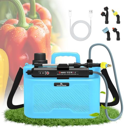 auvstar Irroratore Elettrico da Giardino 8L, Pompa Irroratricea Batteria | 4 Ugelli Regolabili, Spruzzatore Ricaricabile Portatile, 3 Velocita Display digitale Pompa a Spalla a Batteria