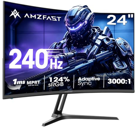 Amzfast Monitor Gaming, Schermo PC Gamer curvo 24 pollici - 240 Hz, FHD 1920 x 1080, sRGB 124% / DCI-P3 93%, 1 ms MPRT, anti-luce blu, adattatore Sync, VESA 75 x 75, AMZG24C1Pro
