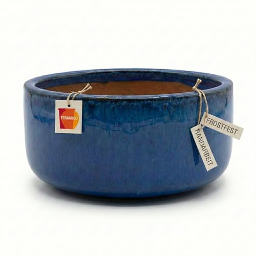 Teramico Pflanzschale Steinzeug Frostfest – Handarbeit Keramik Schale Garten – Winterharter Blumenkübel Rund mit Loch – Wetterfest, Massiv & Robust (Royal Blau, 21cm x 10cm)