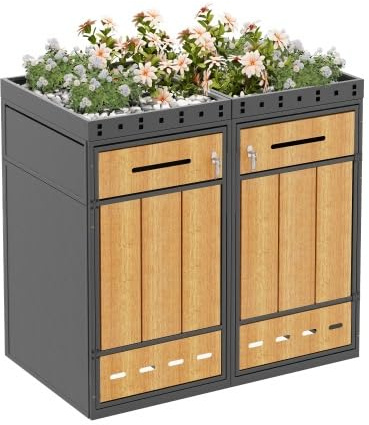 Cache-poubelles avec toit pour 2 poubelles (120 à 240 litres), armoire verrouillable en acier aspect bois et gris, système de tri des déchets résistant aux intempéries pour jardin, terrasse, balcon