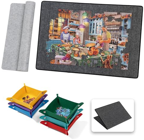 SanCallie 1500-teiliges Puzzlebrett mit 6 Ablagen und Abdeckung, Faltbare Puzzlematte mit Hilfslinien zur platzsparenden Aufbewahrung von Puzzles, leicht und tragbar, für 1500, 1000 und 500-teilige