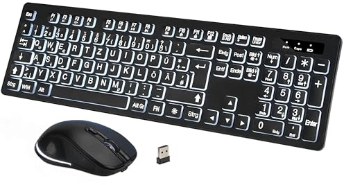 DHKBL 2,4-GHz Kabellose Beleuchtete Tastatur & Maus, DE-Vollformat (QWERTZ) | 3 Helligkeitsstufen, Einfarbig Sanfte weiße Hintergrundbeleuchtung, Numerisches Keypad, Wiederaufladbar, Für Windows PC