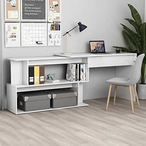 Faucqir Eckschreibtisch Hochglanz-Weiß aus Holzwerkstoff 200x50x76 cm drehbar mit offenen Fächern Arbeitszimmer Büro Homeoffice Arbeitsplatz Sekretär Wohnraum