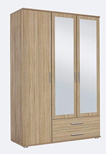 Rauch Möbel Rasant, Schrank Drehtürenschrank mit Spiegel inklusive 2 Schubladen, 3-türig, Zubehörpaket Basic 3 Einlegeböden, 1 Kleiderstange, Eiche Sonoma, Holz, 52 x 127 x 188 cm