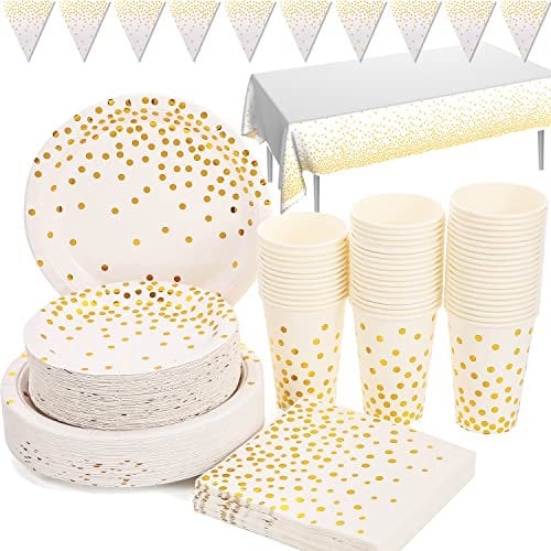 Weiß und Gold Partygeschirr 99 Stück Golden Dot Partyteller Set Enthält Pappteller, Servietten, Tassen, Tischdecke, Banner, für Brautdusche, Verlobung, Silvester, Hochzeit, Geburtstag, Severs 24