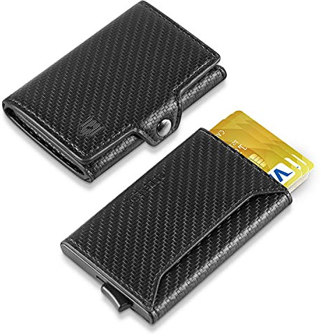 DODENSHA Tarjeteros para Tarjetas de Credito, Cartera para Hombre Pequeñas RFID Bloqueo con Bolsillo para Monedas, Ranura de Efectivo, Pop Up Tarjetero para 8-10 Tarjetas, 2 In 1 Diseño, Carbon Negro…