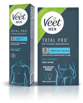 Veet Men Kit Completo per la Depilazione dell' Uomo, Crema Depilatoria per il Corpo + Crema Depilatoria e Balsamo Post Epilazione per le Parti Intime