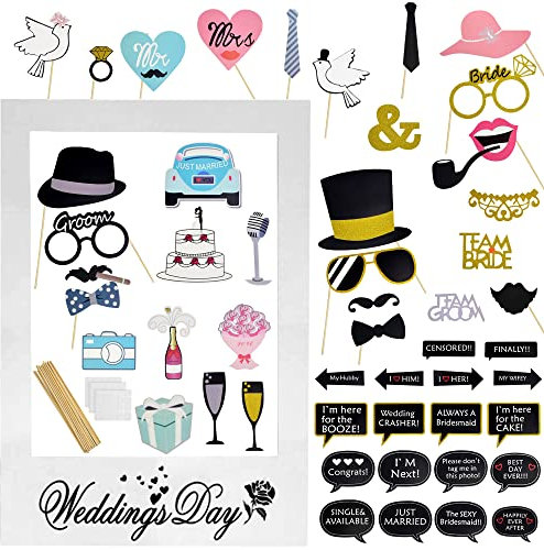 QINERSAW 52er Set Foto Requisiten Hochzeit Photo Booth Requisiten Fotobox Accessoires Wedding Fotobox Requisiten Hochzeit Fotoboxzubehör für Party Valentinstag Dekorationen