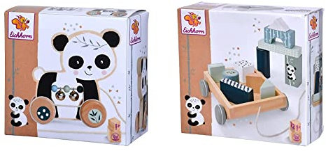 Eichhorn - Nachziehtier, Panda mit Geräuschen und Bewegung, 15 cm lang, aus Birkenholz, ab 1 Jahr & - Bauwagen mit 11 Bausteinen, Nachziehspielzeug, 12 teilig, 18x17,5 cm groß, ab 1 Jahr