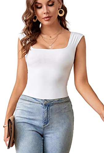 Aranmei Sexy Damen-Bodys, quadratischer Ausschnitt, ärmellos, Tank-Top, Bodysuit, Teddy, Clubwear zum Ausgehen, weiß, S