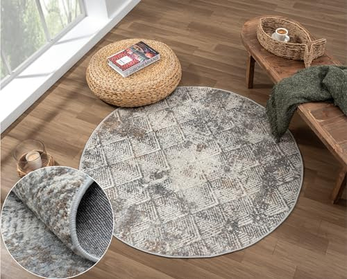 MY-RUG Malin Teppich Rund 120 cm - Esszimmerteppich Creme Beige Grau | Kurzflor Wohnzimmerteppich meliert, ideal als Badezimmerteppich oder Bettvorleger, pflegeleicht im Boho-Chic Design