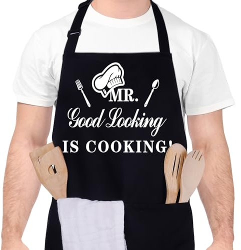 Xialvyu Funny Aprons for Men, MR Good Looking is Cooking, Professional Kitchen Cooking Apron Chef Husband Bib Aprons with Double Pocket Adjustable for Father's Day Birthday Gift