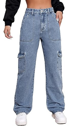 Alaster Queen Damen Baggy Jeans Freizeit Mode Denim Cargo Hose Jeans Damen High Waist Klassisch blau XL