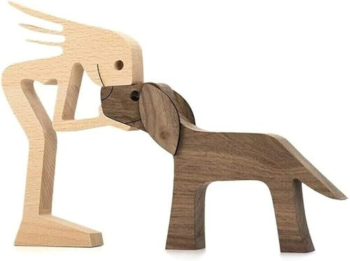 Jognee Handgefertigte Holzstatue, Welpen-Holzschnitz-Ornamente, herzerwärmendes Geschenk für Hundeliebhaber, Bastelfigur, Holz, kleine Dekorationen für Zuhause, Büro, Wohnzimmer (D – Frauen + Hund)