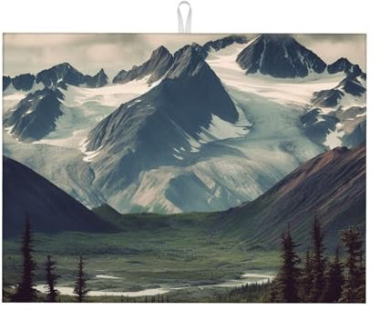 Saugfähige Abtropfmatte für Küchentheke, Alaska-Gebirge, Mikrofaser, hitzebeständig, wendbar, Abtropfmatte, 45,7 x 61 cm