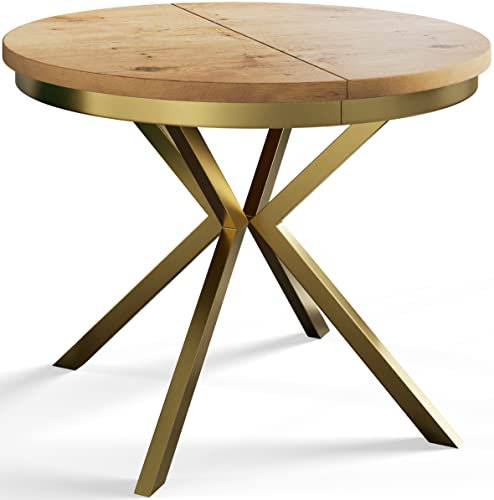 AlpiMeble Runder Esszimmertisch BERGO, ausziehbarer Tisch Durchmesser: 100 cm/180 cm, Wohnzimmertisch Farbe: Hellbraun, mit Metallbeinen in Farbe Gold
