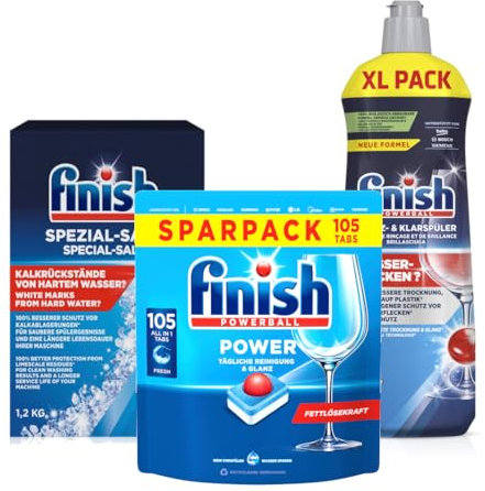Finish All-in-1 Spültabs 105 Tabs + Spezial-Salz 1,2kg + Glanz- & Klarspüler 800 ml