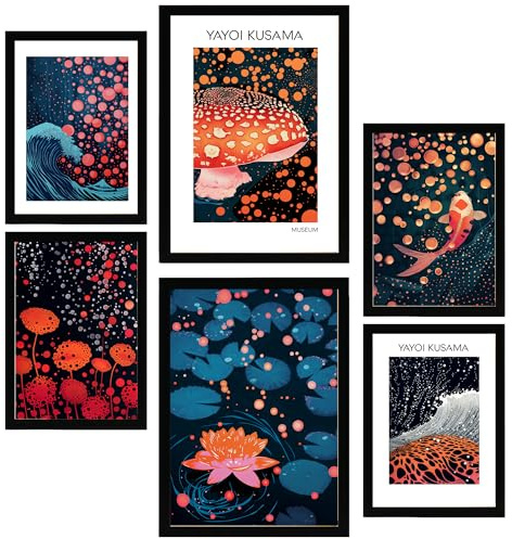 Nacnic 6er-Set Yayoi Kusama Pilz Ola Japanische Dunkle Farben Gerahmtes Poster mit Design-Illustrationen zur Dekoration der Wände Ihres Zuhause Zimmer Büro Laden Malerei im A3 & A4 Schwarzer Rahmen