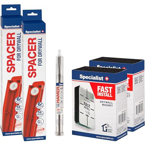 Specialist+ Trockenbau-Rahmen-Werkzeugset I x2 SPACER (40cm), x2 FAST INSTALL-Gipsmagnet und x1 HAMER - Steckertreiber für die Installation von Metallrahmen im Trockenbau I Trockenbau-Deckenmontage