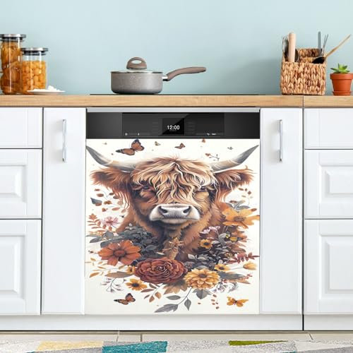 Cubierta magnética para lavavajillas, diseño vintage de vaca de las tierras altas, mariposas, flores, decoración de cocina, panel magnético decorativo para lavavajillas, cubierta de puerta de nevera