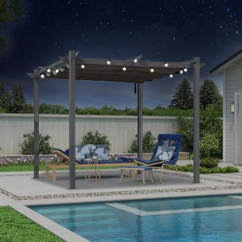 PURPLE LEAF 3 x 3 m Pergola Aluminium Wasserdicht Stabil Winterfest mit Schützendem Dach Terrassenüberdachung Grau mit Globe Warmweiß Lichterkette