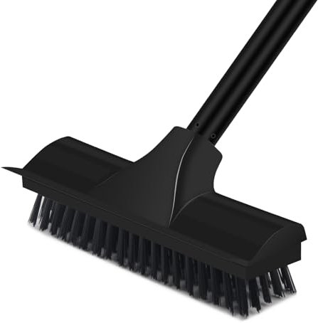 Newthinking Floor Scrubbing Brush with Long Handle, Heavy Duty Stiff Bristle Floor Brush with Squeegee for Cleaning Bathroom Deck Tile Patio, Black