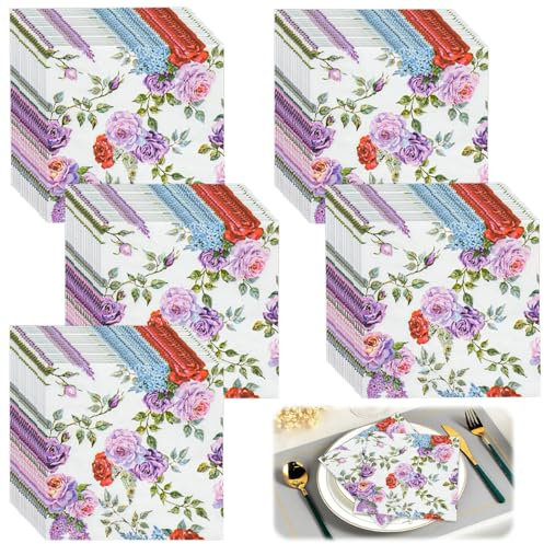 Lot de 100 serviettes en papier de Noël avec motif floral - Rose vintage - Motif floral - Décoration de table de Noël, fête de jardin, fête, Noël - 33 x 33 cm