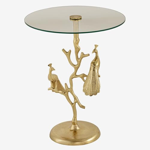 Riess Ambiente Runder Beistelltisch Wildlife Peacock - 60cm - Gold - Glasplatte Metall - Pfauen-Skulptur