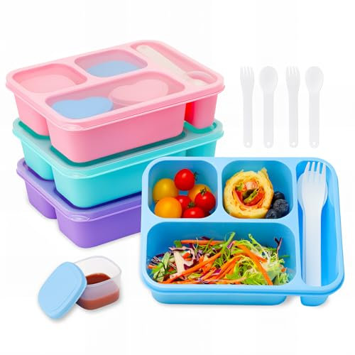 Bugucat 4 Pack Snack Containers, 3 Compartments Bento Snack Box with 1 Utensil Compartment, Reusable Meal Prep Boxes for Kids Adults, Snackle Box for School Work Travel