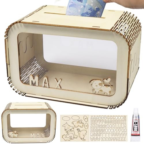 Pellinch Holz Spardose Kinder, Spardose Personalisiert mit A-Z Buchstaben, 5 Kleinen Tieren Zubehör, DIY Sparschwein Kinder, Wiederverwendbares Sparbüchse, Geschenk Dekoration Taufe für Jungen Mädchen