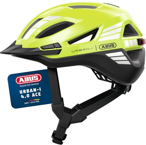 ABUS Stadthelm Urban-I 4.0 ACE - Fahrradhelm mit aufladbarem Rücklicht, 4 Leuchtmodi, Schirm, Zopf-Öffnung und magnetischem Verschluss - für Jugendliche, Frauen und Männer