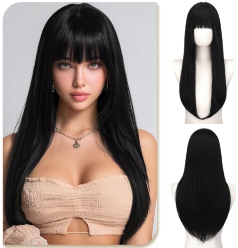 Sofeiyan Perücke Damen, 60 cm Lange Glatte Perücken mit Pony | Geschichtet Elegante Perücke,Natürliches Synthetische Perücke für Täglichen Party Cosplay Feiertage,Natürliches Schwarz