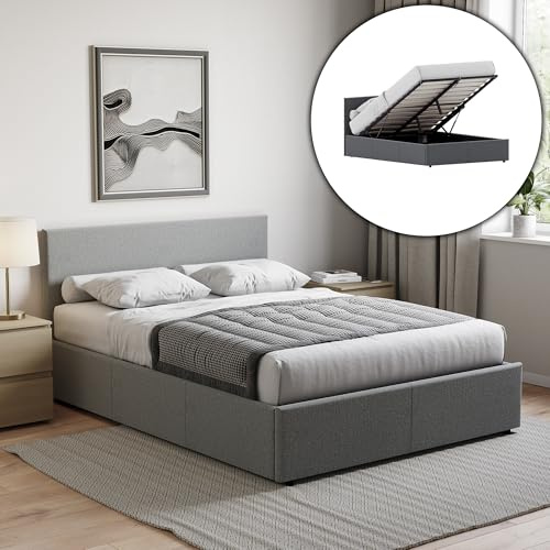 Vida Designs Veronica King Ottoman Bed Frame with Mattress | Light Grey Linen | 82 H X 159 W x 210 D cm (5ft) | Upholstered Linen Headboard | Gas-Lift | Large Storage | Slatted | Premium Furniture
