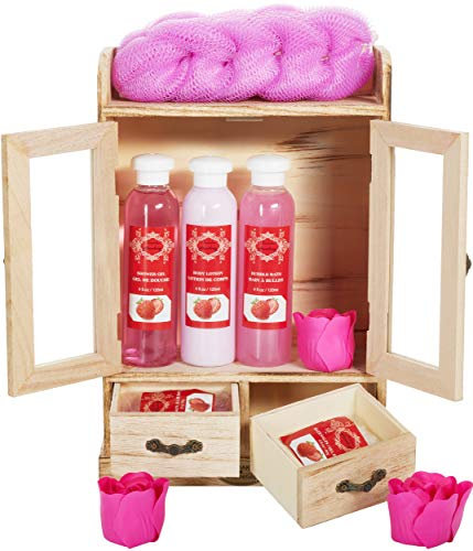 BRUBAKER Cosmetics Bade- und Pflegeset Erdbeere im Holzschrank