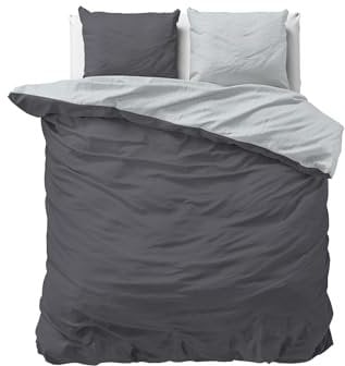 Sleeptime - Parure de lit 100 % coton - 240 x 220 cm - Gris/anthracite - Douce et infroissable - Avec boutons pression - Parure de lit 2 tons avec 2 taies d'oreiller 60 x 70 cm