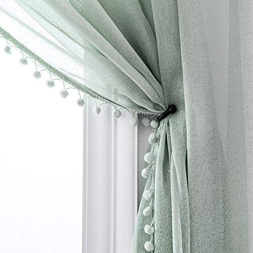 Miss SELECTEX Vorhänge in Leinenoptik, mit Pompom-Quasten, durchscheinende Vorhänge – Stangentasche, Voile, halbtransparent, für Wohnzimmer und Schlafzimmer, 2er-Set Vorhänge (132,1 x 241,3 cm, Aqua)