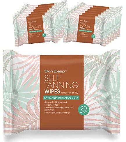 Skin Deep Self Golden Tanning Wipes Face & Body 20 Wipes, Added Aloe Vera (12 packs x 20 wipes totaling 240 wipes)