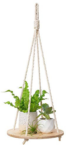 Dahey Hanging Plant Shelf Round Wood Rope Hanging Floating Shelf Boho Home Decor Display Planter Rack for Living Room Bedroom Kitchen Room,Nature