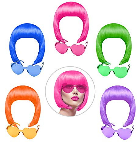 KUUQA 10 Stück Partei Perücken und Sonnenbrillen-Set, Neon kurze Pack Kostüm bunte Cosplay Sonnenbrille bob Perücke Perücke täglich Partei Toupets für bachelorette Neon Party