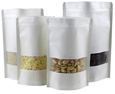 KanDery Kraftpapier-Lebensmittelbeutel, wiederverwendbar, mit Druckverschluss, weiß, Kraftpapier, Lebensmittelverpackung, mit transparentem Fenster (50, 9 x 14 cm)