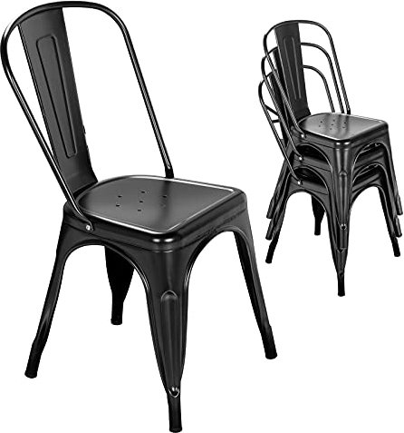 Metall Esszimmerstuhl Bauernhaus Tolix Stil für Küche Esszimmer Café Restaurant Bistro Terrasse, 18 Zoll, stapelbar, Wasserdicht Indoor/Outdoor (4er Set) (Schwarz)
