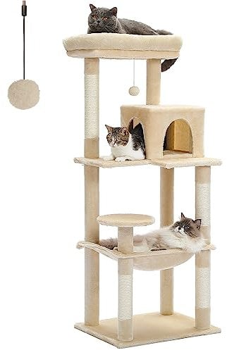 PETEPELA Árbol para gatos de 56.3 pulgadas de alto para gatos de interior, torre para gatos de varios niveles con hamaca súper grande (20 x 16 pulgadas), postes rascadores cubiertos de sisal,