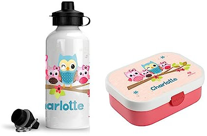 wolga-kreativ Set personalisierte Mepal Campus Lunchbox Kinder Mädchen und Trinkflasche Eulenfamilie Pausenset mit Fächern und Unterteilungen Brotdose für Schule und Kindergarten