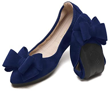 Unifizz Women’s Ballet Flat Shoes Faux Suede Comfortable Pointed Toe Bow Slip On Ballerina Walking Flats Casual Dress Shoes for Woman Low Wedge Comfort Soft (Navy Blue,Size 4)