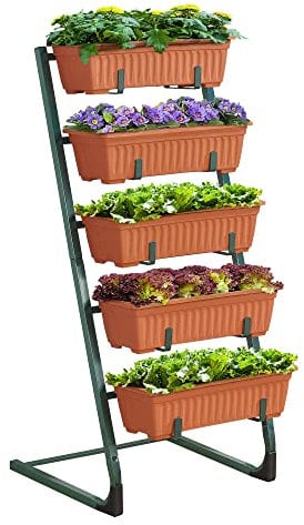 Jardinière Verticale Design Potager Urbain à 5 Bacs Emboîtables Acier Galvanisé Polypropylène 55 x 50 x 115 cm Vert Foncé Marron