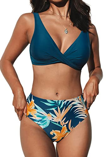 CUPSHE Damen Bikini Set Wickel V Ausschnitt Lace Up Bikini Bademode High Waist Tropical Print Zweiteiliger Badeanzug Swimsuit Navy Blau XS