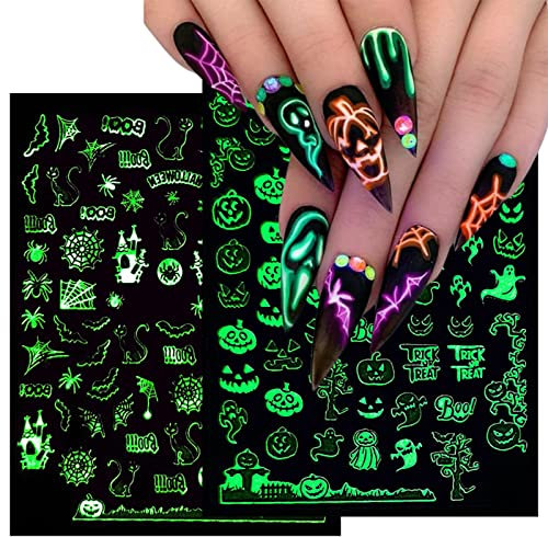 9 Sheets Halloween Glow in The Dark Nail Art Stickers Decals Self-Adhesive Scream Spider Web Pumpkin Skull Bat Ghost Witch Luminous Nail Supplies Nail Art Design Decoration Accessories